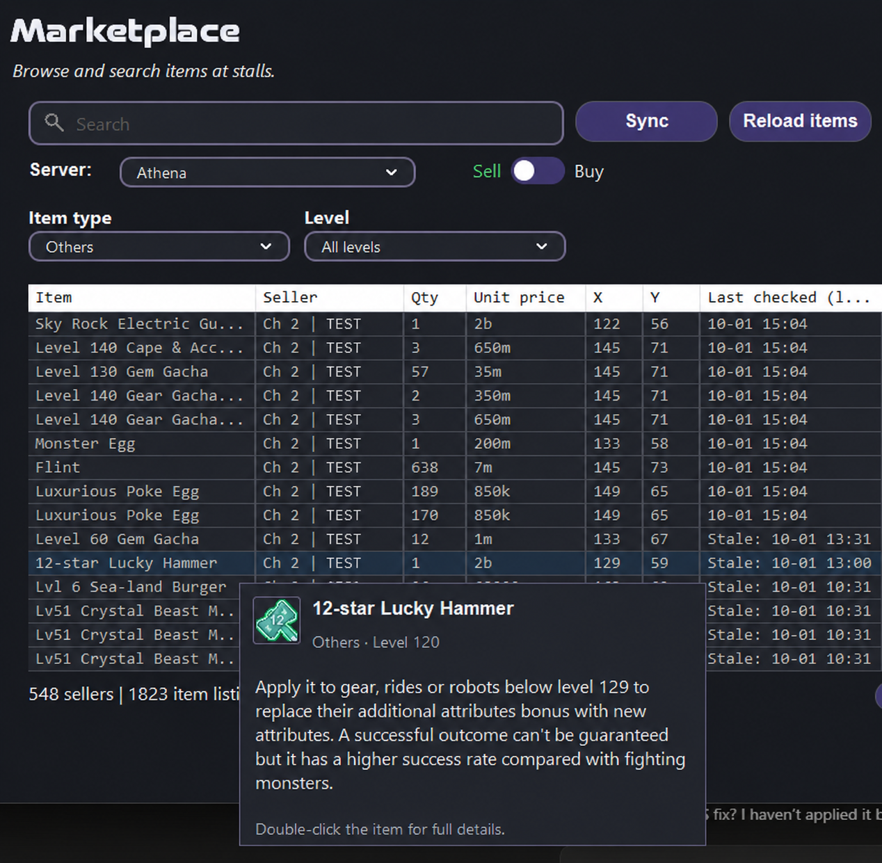 AOTools Marketplace with search filters, item listings, prices and an item detail popup