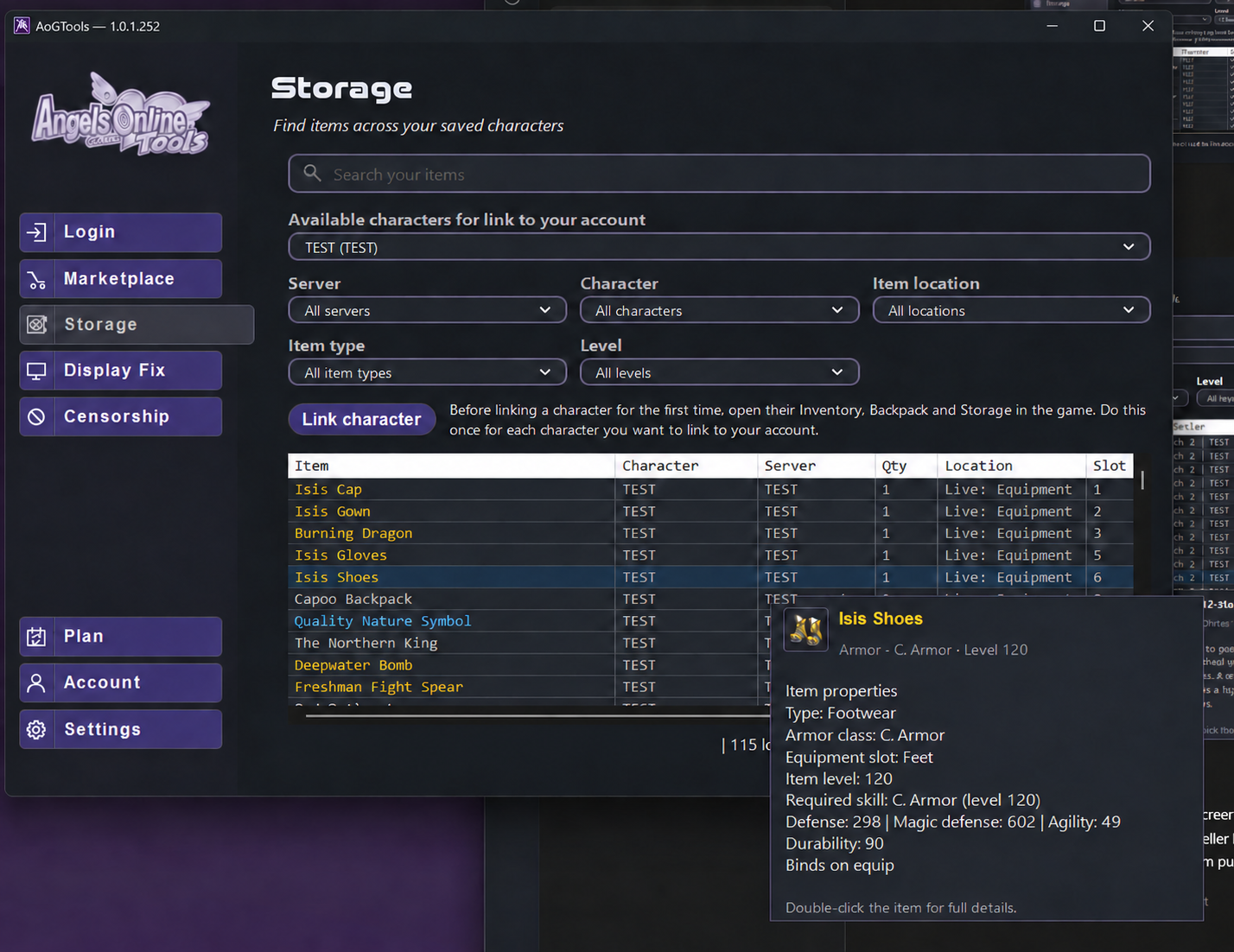 AOTools Storage showing an item description with anonymized character and server names